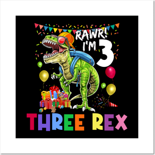 Three Rex Birthday Party Outfit Dinosaur 3 Year Old Boy Posters and Art